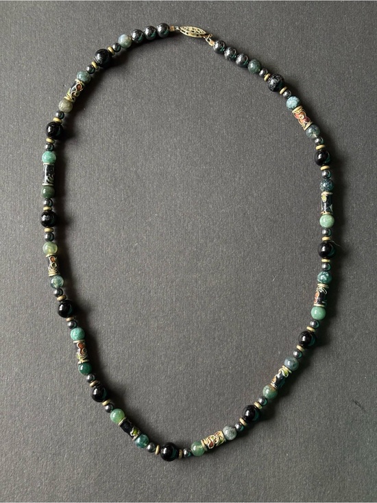 Vintage Jewelry - Vintage Jade Onyx Hematite Necklace | Cloisonné Bead Gold Clasp | 18 IN
